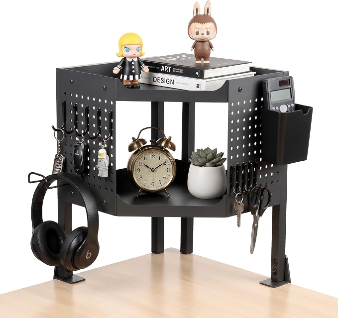 2-Tier Metal Clamp On Desk Shelf, Heavy Duty Desk Storage Organizer with 2 Removable Pegboards and Headphone Holder,Corner Desk Shelf with Pencil Cup and Hooks for Desk Accessories (Black)