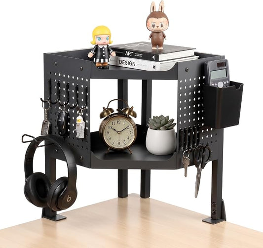 2-Tier Metal Clamp On Desk Shelf, Heavy Duty Desk Storage Organizer with 2 Removable Pegboards and Headphone Holder,Corner Desk Shelf with Pencil Cup and Hooks for Desk Accessories (Black)