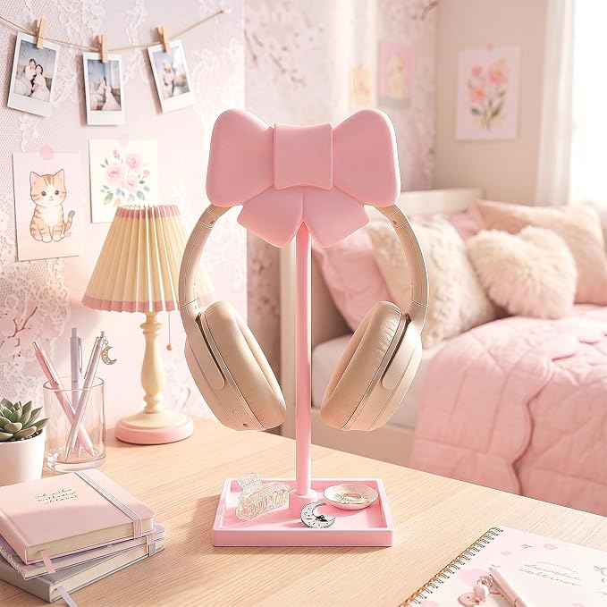 Wesiti Pink Bow Headphone Stand Cute Curved Headphone Holder with Storage Tray Pink Coquette Gaming Headset Holder for Desk Space Saving Organizer Desktop for Women All Headset Home Office Setup