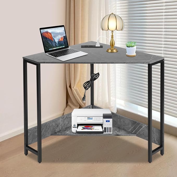 Corner Computer Desk, 26.77 Inch Triangle Small Space Desk with Outlets and Power Cord, Modern Writing Workstation, Corner Storage Table for Office, Home, Design Studio, Study Room (Gray)