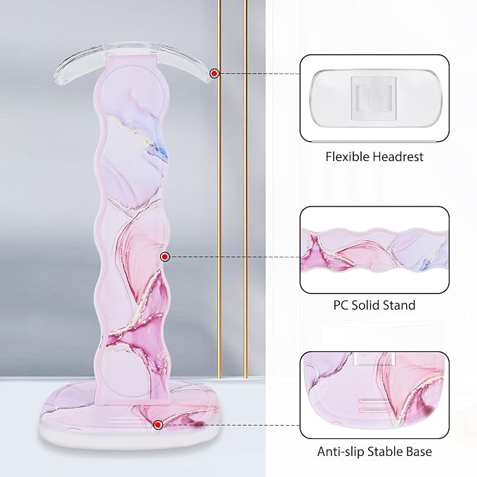 CamyCosy Headphone Stand Gaming Headset Holder for Desk,Luxury Pink Marble Pattern Earphone & Cellphone Stand Desk Accessories for All Headphones Size