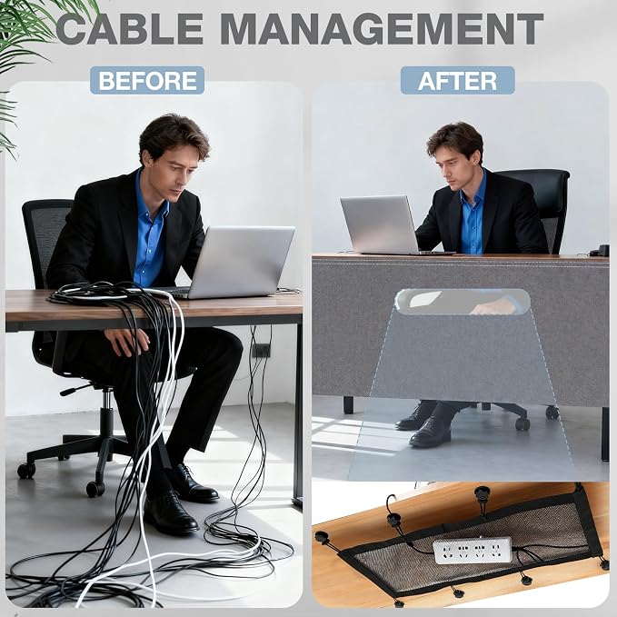 Tegeme 60'' Under Desk Privacy Panel with Cable Management Net Desk Skirt Self Adhesive Modesty Panel with Cord Organizer Pockets for Office Home Standing Workstation(Gray)