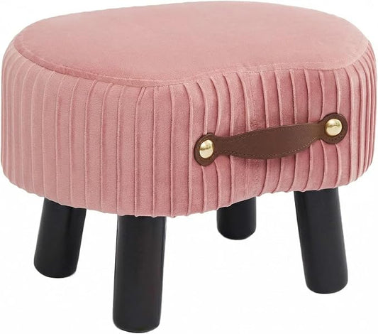 Foot Stools Small, Ottomon with Handle, Velvet Footrest Ottoman | Curved Foot Stool with Padded Seat Wooden Legs, Portable Foot Rest for Living Room, Bedroom, Entryway (Pink)