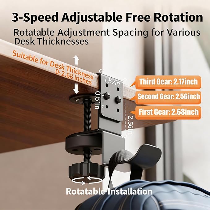 Heavy Duty Desk Hook Clamp(1 PCS), 360° Rotating Backpack Hanger with Height Adjustment, No Drill Headphone Holder, Purse Hook for Table, Bag Hanger, Gifts for Gamers, Office Desk Gaming Accessories