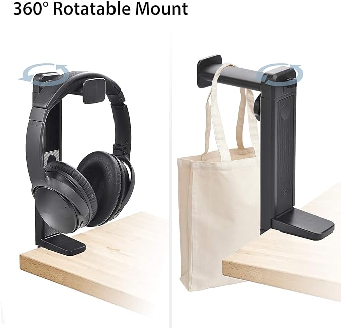NEETTO HS906 Headphone Stand & Hanger 2 in 1, Above & Under Desk Gaming Headset Holder Mount Hook with Height Adjustable & Rotating Clamp, Earphone Rack with Cable Clip
