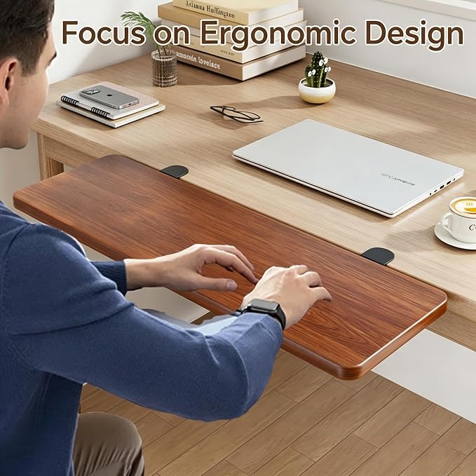Desk Extender Tray, 24 * 10 Inch Ergonomic Clamp On Desk Extender, Mouse & Keyboard Extender for Desk, No Drill Keyboard Tray Under Desk for Home Office Workspace (Walnut, 24 * 10 Inch)