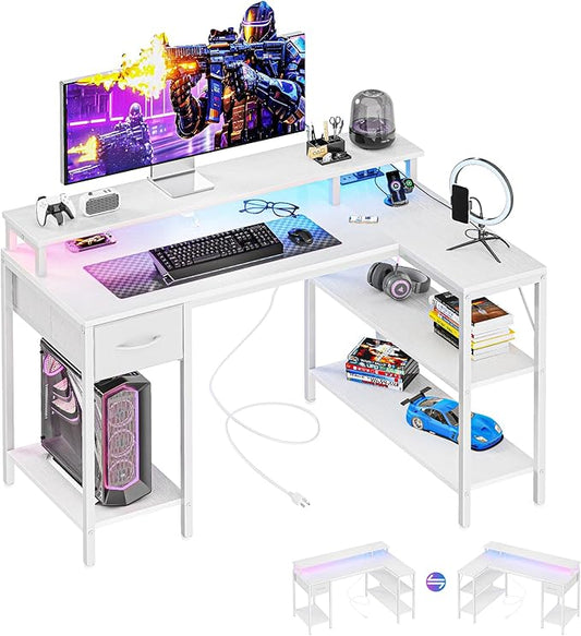 DUMOS 47" Gaming Desk with USB Charging Ports & LED Lights, Reversible L-Shaped Corner Computer Table for Small Spaces, Power Outlets, Monitor Stand & Storage Shelves Included, White