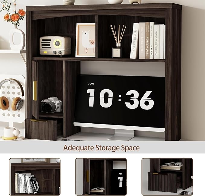 Desktop Shelf, Wooden Desk Hutch with Storage, Desktop Bookshelf with Cabinet and Drawer, Office Desk Organizer, Space-Saving Organization, Over Desk Storage Shelves for Home, Dorm, Walnut