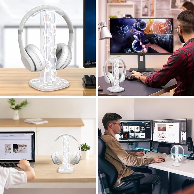 CamyCosy Headphone Stand Gaming Headset Holder for Desk,Unique White Camellia Pattern Clear Earphone Stand Cellphone Stand Desk Accessories for All Headphones Size