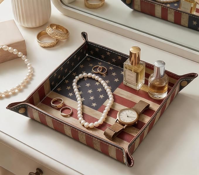 Valet Tray Desktop Storage Organizer, Vegan Leather Catchall Bedside Vanity Tray Nightstand Caddy Holder for Remote Controller, Watch, Keys, Phone, Wallet, Sunglasses, Jewelry - Flag