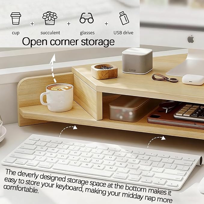 Corner Monitor Stand with Storage Space Triangle Riser Combo Desktop Corner Shelf with Cup Holder Pegboard Office Desk Accessories and Organizer for Office & Home,White,Double Layer
