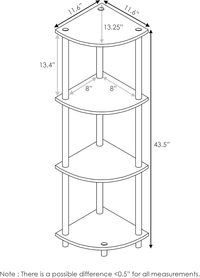 Furinno Turn-N-Tube Toolless Assembly 4-Tier Corner Shelf, Black Corner Book Shelf, Open Shelves Bookshelf, for Organization and Storage, Living Room, Home Office, Bedroom, Brown Grain