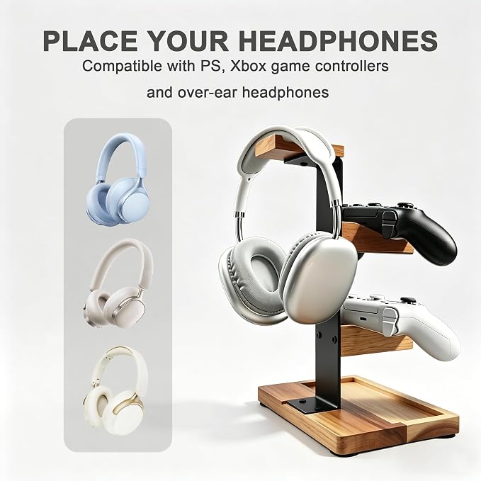 Acacia Wood Gaming Headset Stand & Dual Controller Holder, Solid Wood Desk Organizer Compatible with PS5, Xbox, Switch, Over-Ear Headphones, Gamer Gift for Men