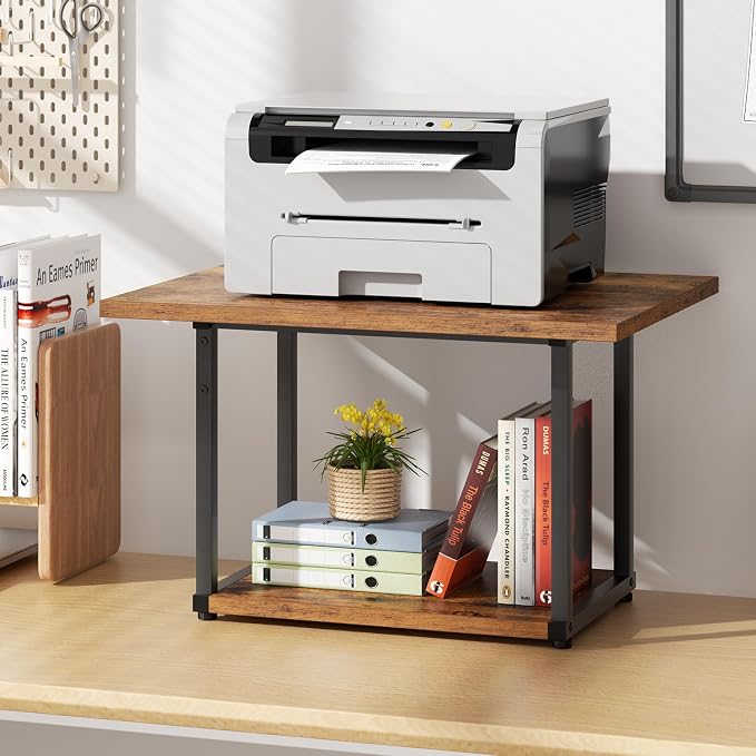 Asgolion Printer Table, 2-Tier Under Desk Printer Stand, Printer Stand with Wheels, Printer Shelf for Small Spaces, Printer Cart for Home Office Rustic Brown