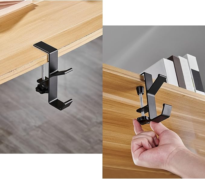 2 Pcs Adjustable Table Clamp Hooks Aluminum Alloy Under Desk Holder Desk Side Mount Hook for Headphones Bags Hats Keys Vacuum Cup (Black)