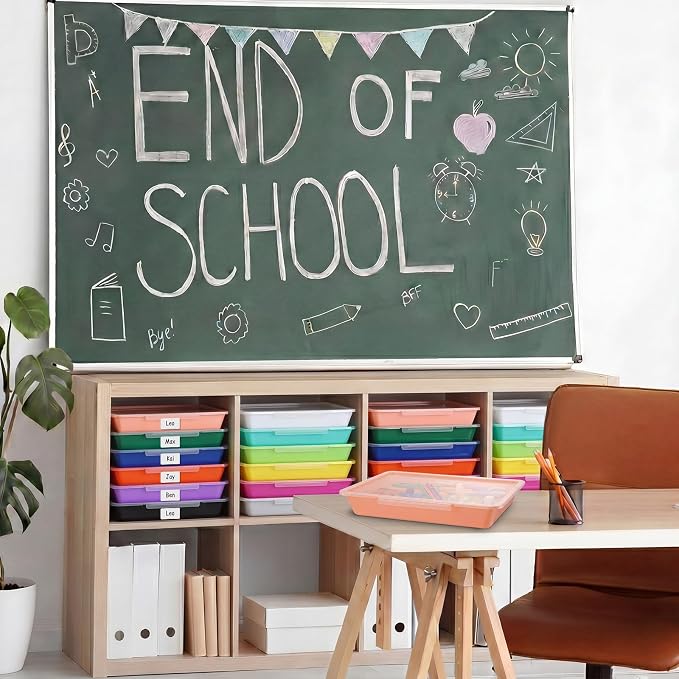 Tinlade 12 Pcs Classroom Paper Storage Bins with Clear Latching Lid, Label Stackable Letter Size Flat Tray Container for Teacher Back to School Supplies Home Office Desk Arts Crafts (Vibrant,13x10in)