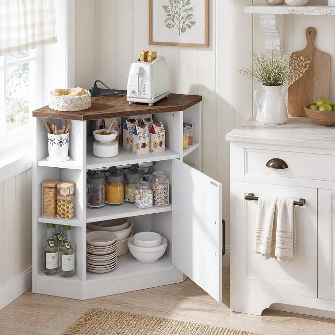 CHOEZON Corner Cabinet with Charging Station, Farmhouse Corner Bookshelf, Corner Storage Cabinet with Adjustable Shelf, for Living Room, Bedroom, Kitchen, Bathroom, White and Walnut MCW26UWL