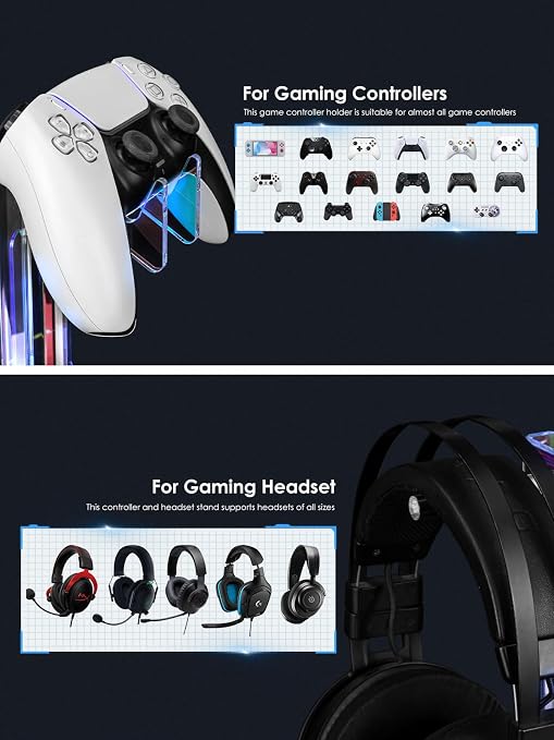 OAPRIRE Headset and Controller Stand with Lights, 3 Tier Acrylic Game Controller Holder, Controller and Headset Stand for Desktop,Universal Design Compatible with PS5/PS4/XBOX/SWITCH (Clear)