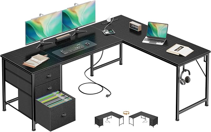 Furologee 63" L Shaped Desk with Power Outlets & USB-C Port, Reversible Corner Computer Desk with 3 Fabric Drawers, Hooks, Large Home Office Desk for Gaming, Writing, Work, Black