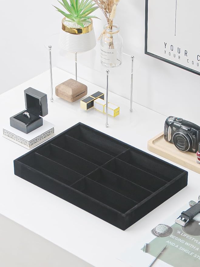 Jewelry Sunglasses Organizer Tray, Black Velvet Eyeglasses Display Tray Box, Glasses Organize Storage Holder for Home Desk or Selling Show Display