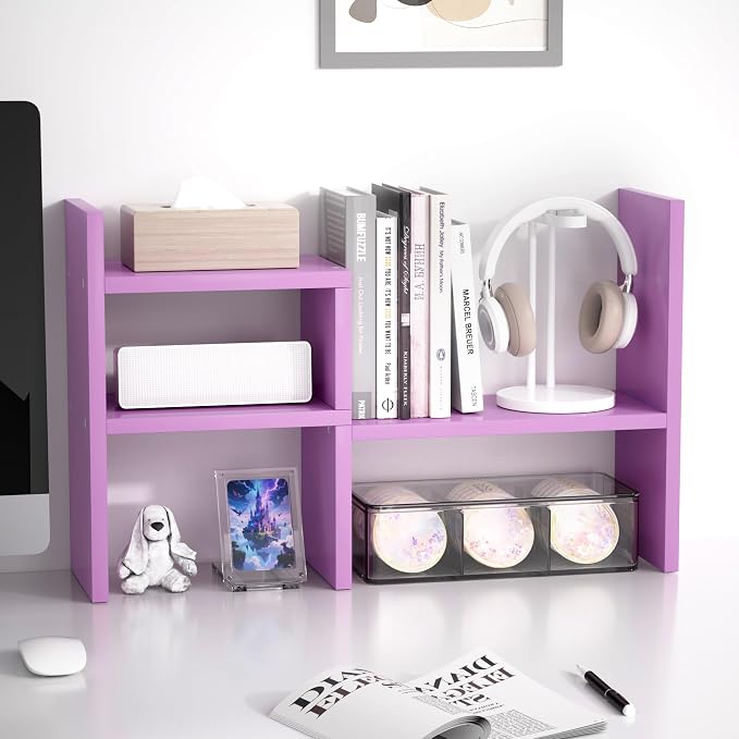 Jerry & Maggie Desktop Organizer Office Storage Rack Adjustable Wood Display Shelf Birthday Gifts Toy Home Decor Free Style Rotation Display True Natural Stand Shelf (Violet/2 Pack)