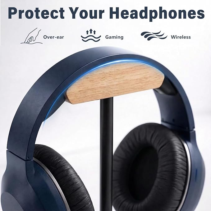 Wood & Metal Headphone Stand, Desktop Headset Holder with Stable Non-Slip Bamboo Base, Universal Headphone Hanger for Gaming Headsets, Office Desk, Home, Gift