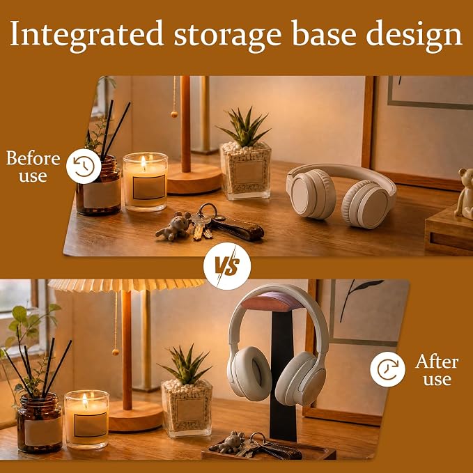 Walnut Headphone Stand, Wooden Headset Stand for Desk, Wood Gaming Headphone Holder with Storage Base Present for Men Brown or Black(Brown)