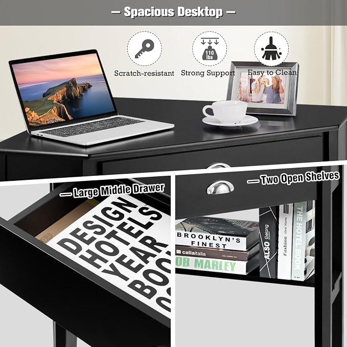 Corner Computer Desk, Space-Saving Corner Table with Drawer & Shelves, Home Office 90° Triangle Corner Workstation, Modern Makeup Vanity Table, Small Corner Desk for Small Spaces (Black)