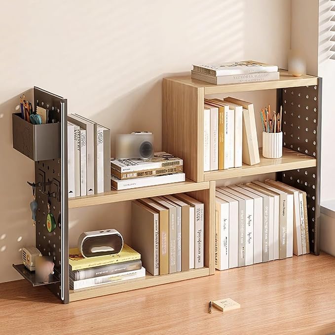 Desk Organizer Shelf, Space-Saving with Side Pegboards Retractable Suitable for Corners Stable, Desk Storage for Dormitories Bedrooms Offices(Black Brown)