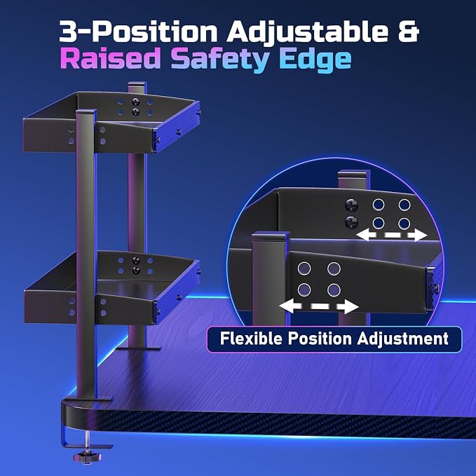 2-Tier Clamp On Desk Shelf, 17 inch Adjustable Desk Organizer with Hooks, Heavy Duty Desk Storage Shelves Holds 44 lbs, No Drill Desktop Shelf for Home Office, Gaming & Desk Accessories