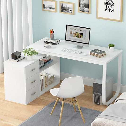 Homsee Home Office Computer Desk Corner Desk with 3 Drawers and 2 Shelves, 54 Inch Large L-Shaped Study Writing Table with Storage Cabinet - White