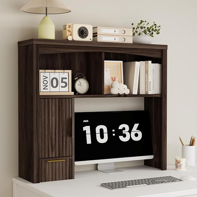 Desktop Shelf, Wooden Desk Hutch with Storage, Desktop Bookshelf with Cabinet and Drawer, Office Desk Organizer, Space-Saving Organization, Over Desk Storage Shelves for Home, Dorm, Walnut