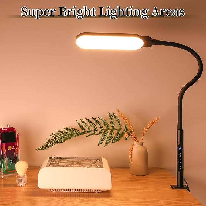 BQAN LED Desk Lamp with Clamp, 15W Eye-Caring Clip on Light, Adjustable Gooseneck Desk Lamps for Home Office with 5 Modes & 9 Brightness Levels for Reading, Studying, Nail Art, and Work(Black)