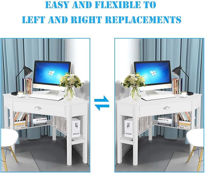 Corner Computer Desk, Space-Saving Table With Drawer & Shelves, Home Office 90 Triangle Workstation, Modern Makeup Vanity, Small Desk for Small Spaces (White)