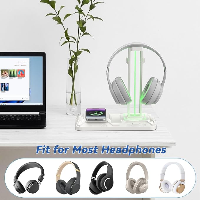 KDD RGB Headphone & Controller Stand with Wireless Charging - Rotatable Headset Stand with 9 Light Modes - Controller Holder with 2 USB and Type C Ports - for Gamers Desktop Accessories(White)