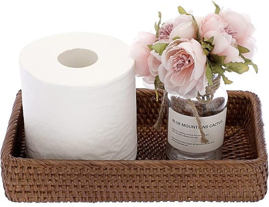 Sumnacon 10 Inch Rattan Bathroom Vanity Tray - Decorative Wicker Toilet Tank Tray for Paper Hand Towel, Vintage Storage Basket Bin for Bathroom Kitchen Toilet Tank Vanity Countertop Table Shelf, Brown