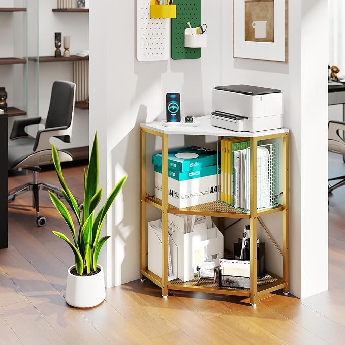 Tangkula Corner Printer Stand with Power Outlet, 3-Tier Storage Rack with Adjustable Metal Mesh Shelf, Freestanding Corner Table Computer Tower Holder for Home Office Living Room (White)