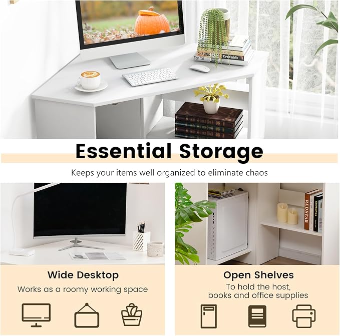 HOMGX Corner Computer Desk, Triangle Desk with Storage Shelves, Small Corner Desk for Small Spaces, Corner Vanity Desk for Home, Bedroom, Living Room, Office (White)