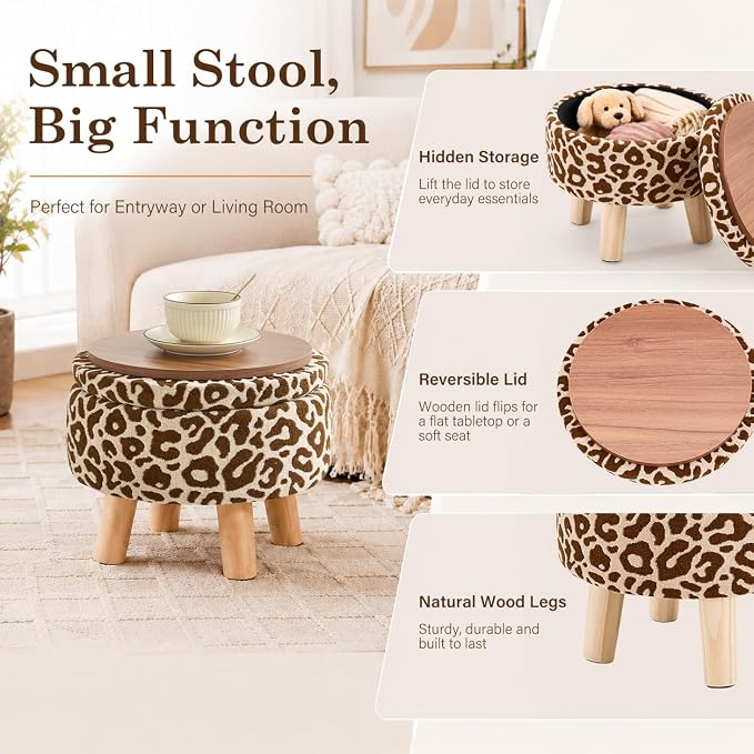 Wimarsbon Storage Ottoman, Modern Round Footrest with Soft Padded Seat, Pattern Velvet Footstool with Wood Legs, Accent Small Table or Plant Stand for Hallway, Living Room (Khaki)