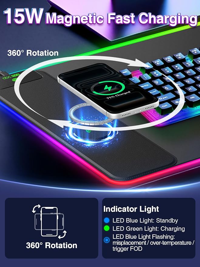 XXL RGB Gaming Mouse Pad with 15W Magnetic Wireless Charging, 31.5'' x 15.8'' Extra Large LED Mousepad, 24 Lighting Effects Desk Mat with Non-Slip Rubber Base, Waterproof Ultra-Smooth Surface