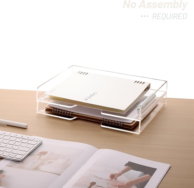 SANRUI 2-Tier Acrylic Paper Tray Organizer, Clear Stackable File Organizer for Desk, Paper Sorter Desk Organizer for Home Office Supplies