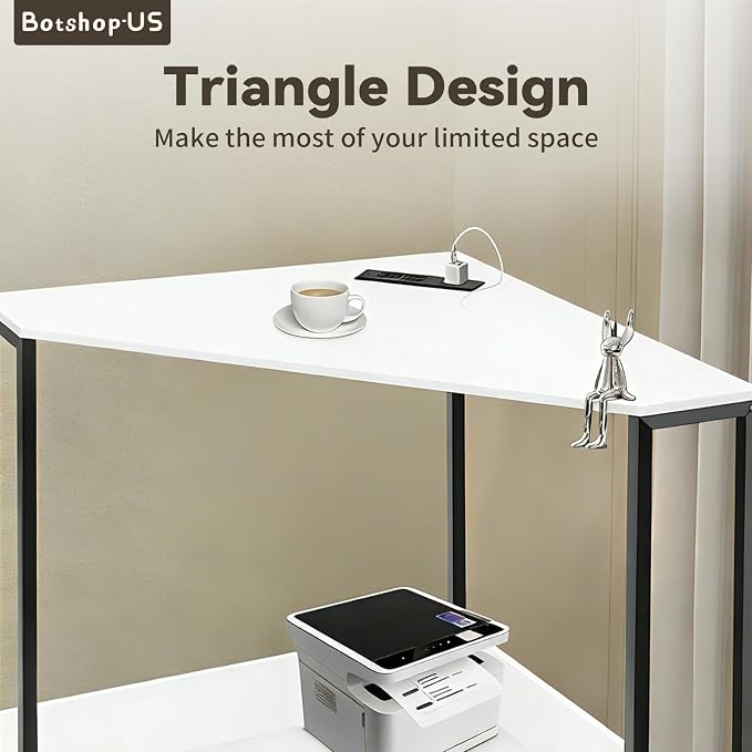 Gdrasuya10 Corner Desk Small Computer Desk with USB Ports & Outlets for Small Space White Triangle Corner Computer Storage Desk Space Saving Workstation Desk for Bedroom, White