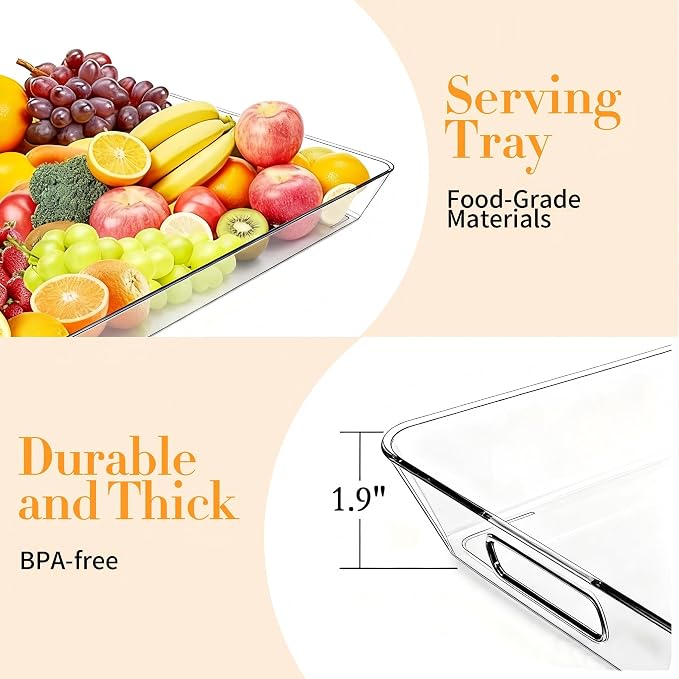 Clear Plastic Serving Tray with Handles, BPA-Free Storage Organizer Tray -2 Pack Large Trays 17.5"x12.5" Reusable Serving Platters for Appetizer, Fruit, Kitchen, Desk & Serving Tray for Party Supplies