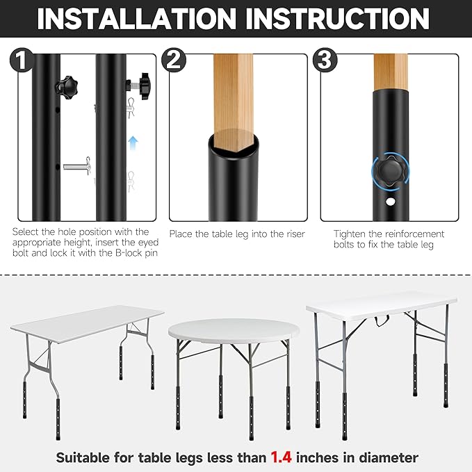 (4-PACK) Folding Table Leg Extenders, Highly Durable Steel Folding Table Leg Risers, Folding Desk Leg Extensions For Straight And Bent Legs, Adjustable Table Height Extenders For Rise 3.6in/5.2in