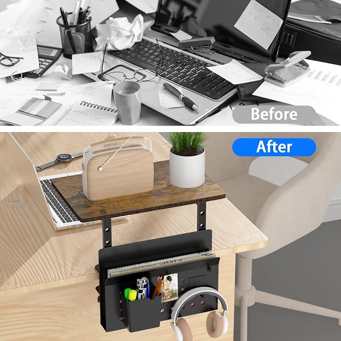 Desk Extender, Clamp On Desk Shelf Organizer, with Side Storage Steel Frame & 15 inch Wood Desktop Supplies Rack Clamp Mount Table Hanging Storage for Home Office Fits Flat Edge Tables 0.3" to 2.3"