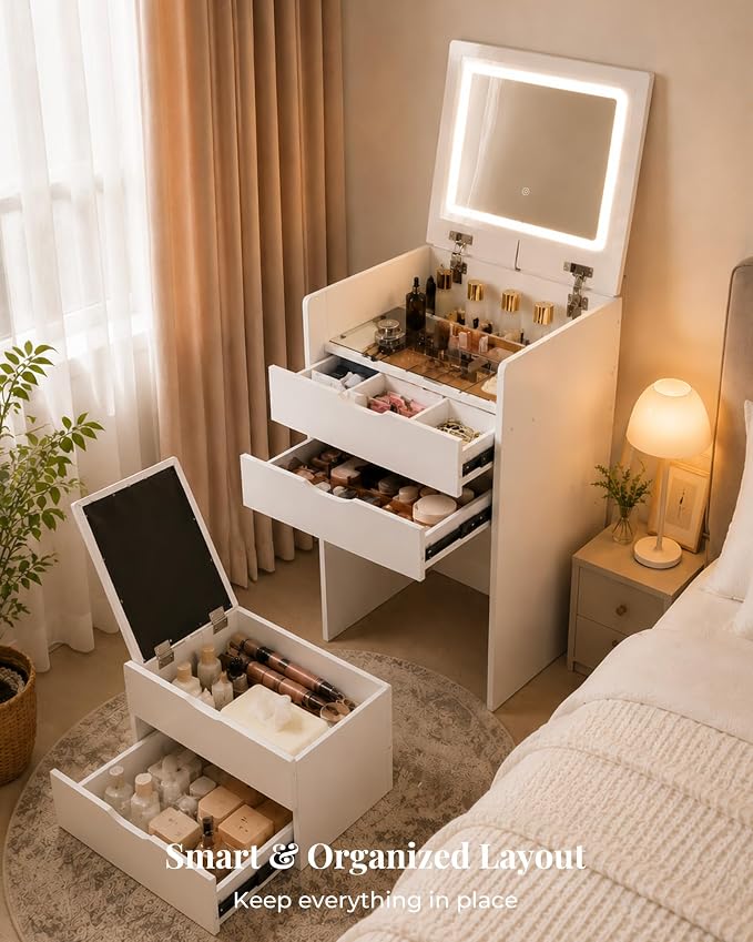 Small Vanity with Mirror and Lights for Small Space, 3-in-1 Compact Makeup Vanity Desk with Storage, Flip Top Vanity Table with Hidden Stool, 3 Color Mode, Drawers & Jewelry Organizer, Mini Vanity Set