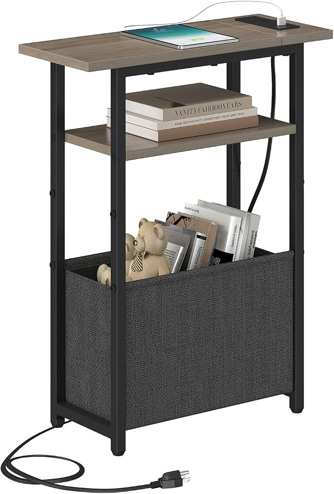 sthmec Narrow Side Table with Charging Station, Small End Table for Small Spaces, Skinny Nightstands with Storage Basket, 3 Tier Sofa Couch Bedside Tables for Living Room,Bedroom, Grey