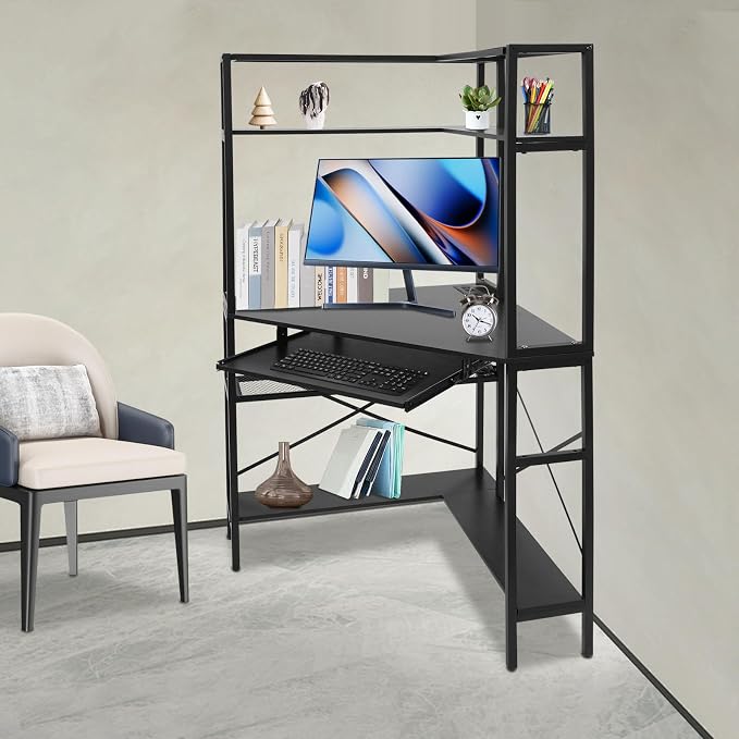 Corner Desk with Hutch, 90 Degrees Triangle Computer Desk w/Keyboard Tray & Bookshelves for Small Space Space Saving Writing Desk w/Storage Shelves for Bedroom Apartment (Black)