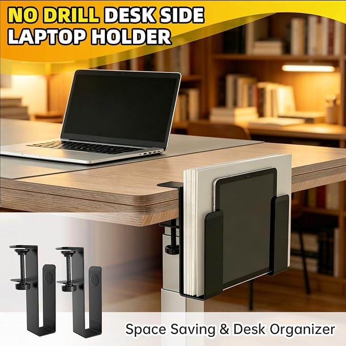 Adjustable Desk Side Laptop Mount, No Drill Clamp on Laptop Holder, Metal Hanging Notebooks Holder, Punch-Free Clamp for MacBook Pro, Documents with Anti-Scratch Silicone