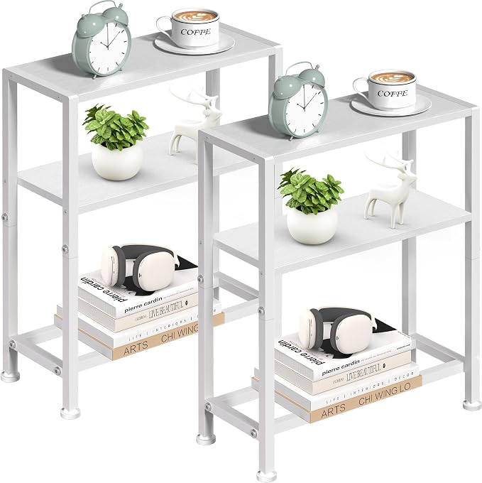 Narrow Side Table Set of 2 for Small Space, 2-Tier Small End Table with Shelf Holder, Slim Nightstand, Skinny Snack Couch Table in Living Room, Bedroom, Study, Kitchen and Balcony (White)